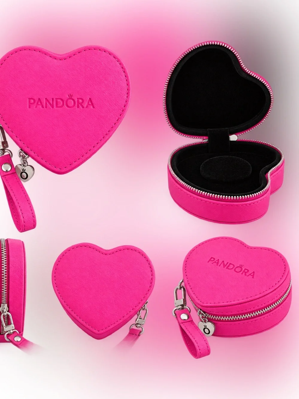 Pandora Hot Pink Heart-Shaped Travel Jewelry Case with Wrist Strap